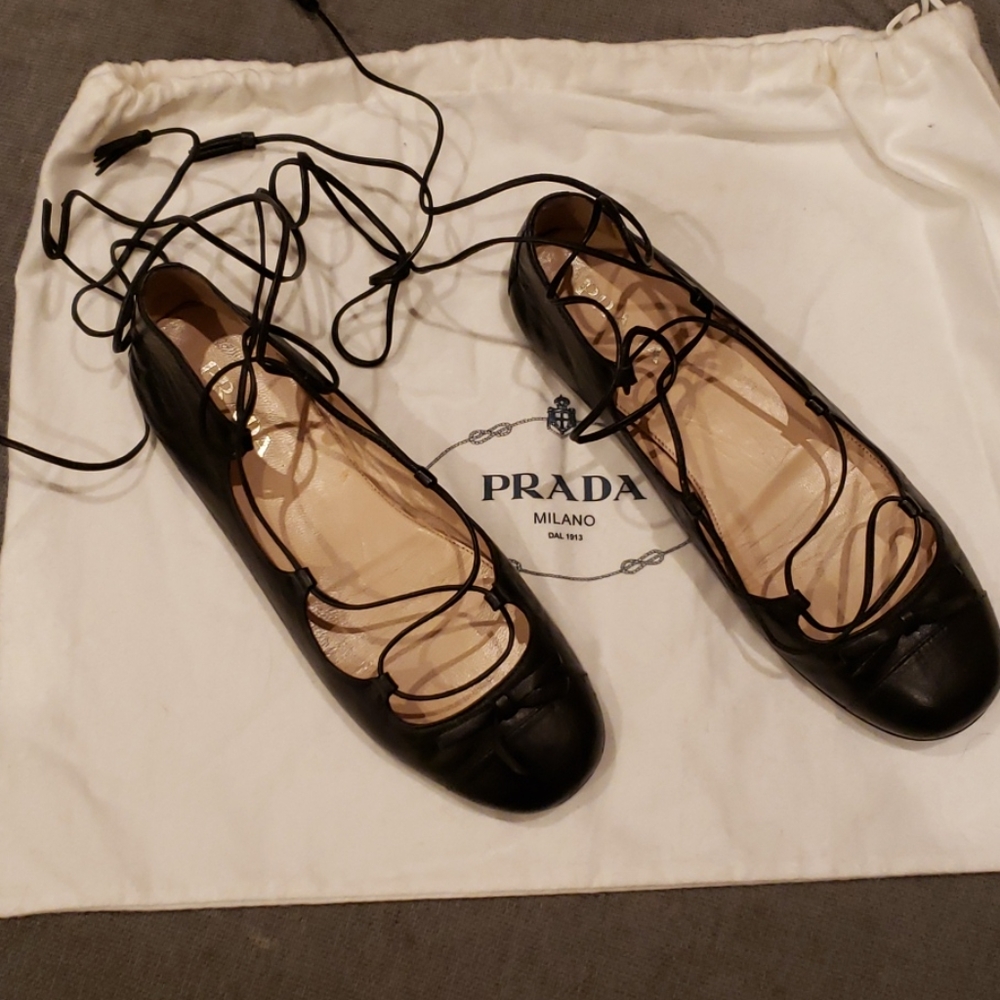 Prada Leather Lace Up Tie Up Ballet Flats